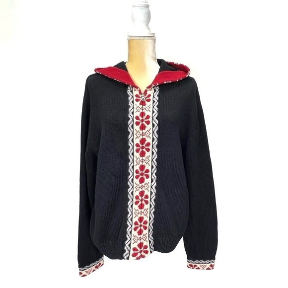 Woolrich Sweater Womens Size XL Ramie & Cotton Hooded Zip Front Black Red Blue - Picture 1 of 7